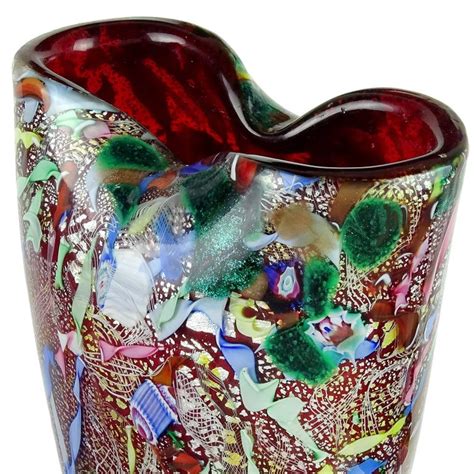 A Ve M Murano Red Millefiori Silver Flecks Ribbon Italian Art Glass Flower Vase For Sale At 1stdibs