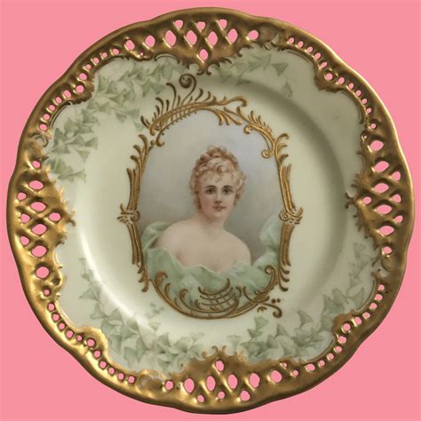 Antique Porcelain Portrait Plate Hand Painted Woman In Love With
