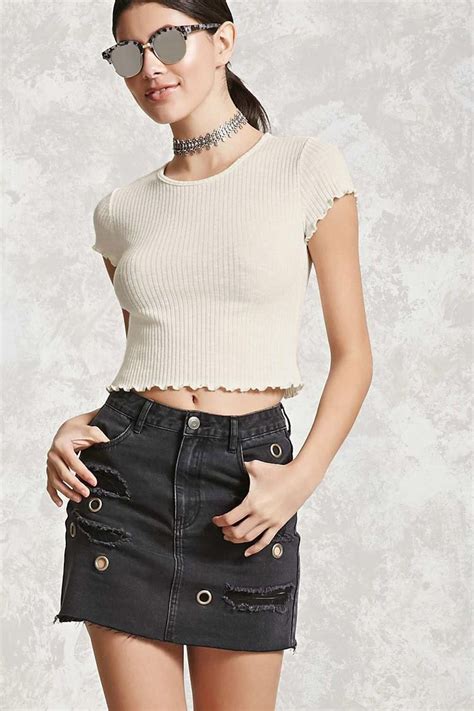A Ribbed Knit Crop Top Featuring A Lettuce Edge Trim Round Neckline And Short Sleeves Knit