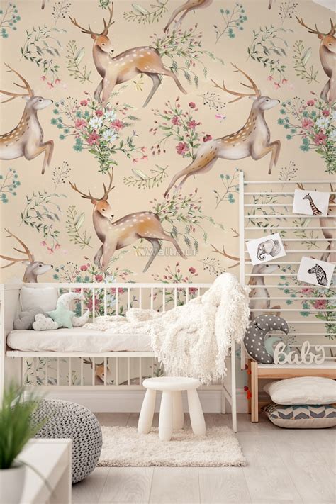 Nursery Vintage Floral With Deer Wallpaper Mural Wallpaper Wallmur