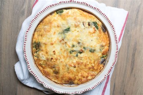 Grease a pie dish with oil spray and place thawed spinach at the bottom of the dish, mushrooms on top of it and sprinkle crushed feta over the mushrooms. Spinach Mushroom and Feta Crustless Quiche