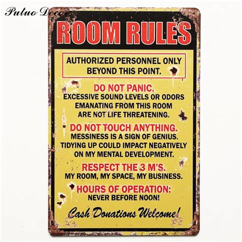 Tin Sign Room Rules Metal Poster Rustic Plaque Room Bedroom House