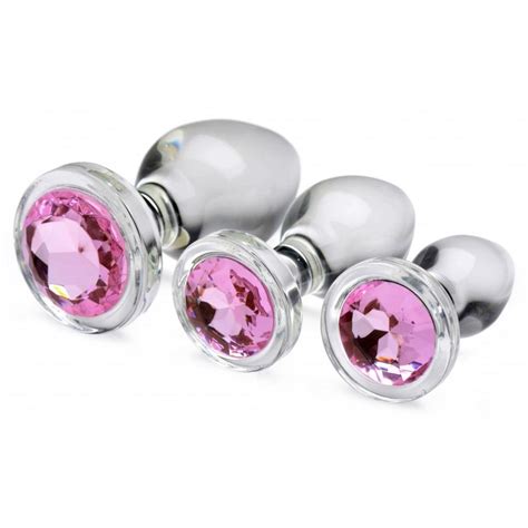 Booty Sparks Pink Gem Glass Anal Plug Set Clear And Pink Sex Toys