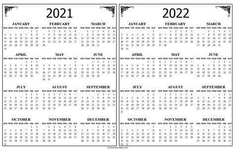 2021 And 2022 Calendar Template Two Year Calendar Free