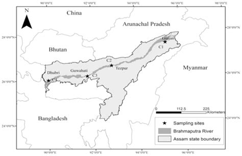 Map Illustrating Four Sampling Locations In The Assam Stretch Of The