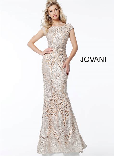 Jovani 62720 Nude Beaded Form Fitting V Neck Evening Dress