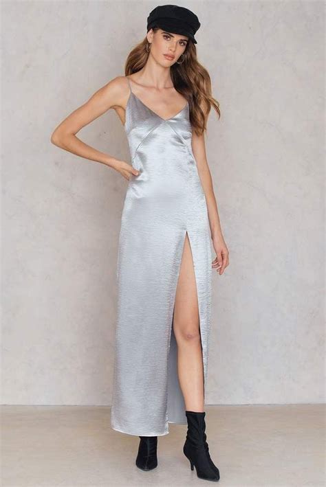 Satin High Slit Long Dress Angelina Jolie Silver Versace Dress