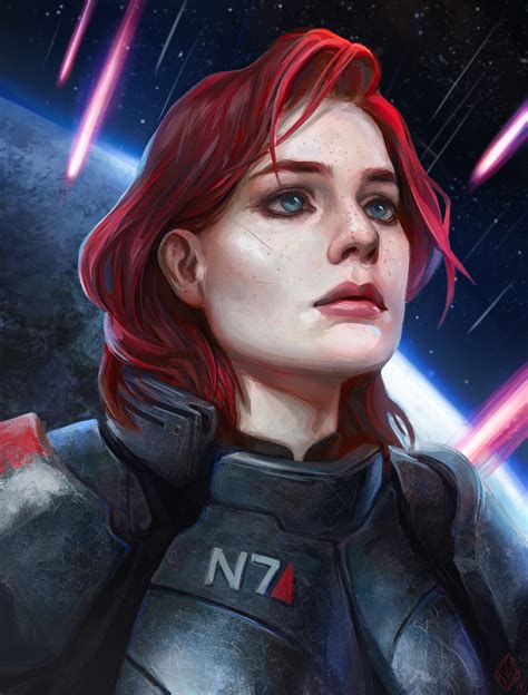 Science Fiction Women Commander Shepard Redhead Women Blue Eyes