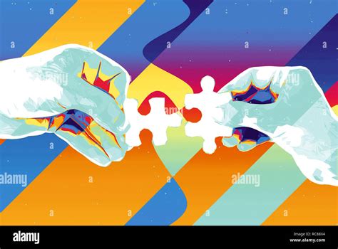 Hands With Two Puzzle Pieces Abstract Background Modern Illustration