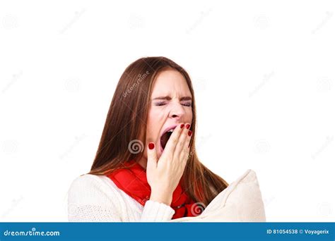 Woman Sleepy Tired With Pillow Almost Falling Asleep Stock Photo