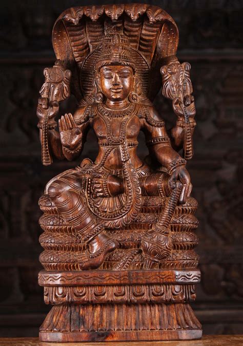 Sold Wood Vishnu Seated On Ananta Shesha 24 95w9q Hindu Gods And Buddha Statues