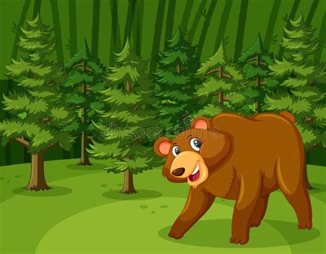 Scene With Grizzly Bear Walking In The Green Forest Stock Vector