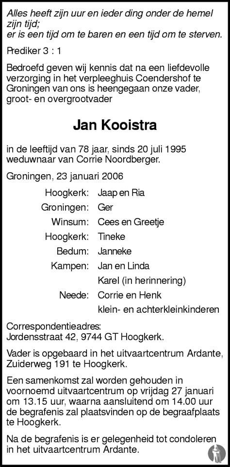 Jan Kooistra 23 01 2006 Overlijdensbericht En Condoleances Mensenlinqnl