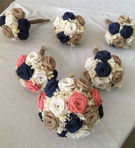 Burlap Bouquets In Coral Navy Natural And Ivory Each