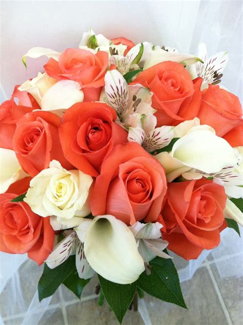 Coral And White Bridal Bouquet With Coral And White Roses And Mini
