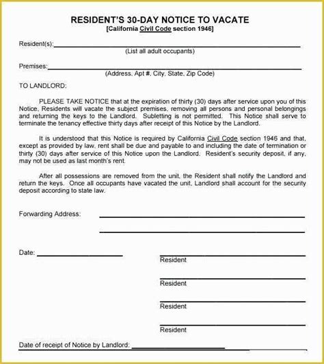 45 eviction notice templates lease termination letters. Free 30 Day Notice to Vacate California Template Of Tenant 30 Day Notice to Vacate California ...