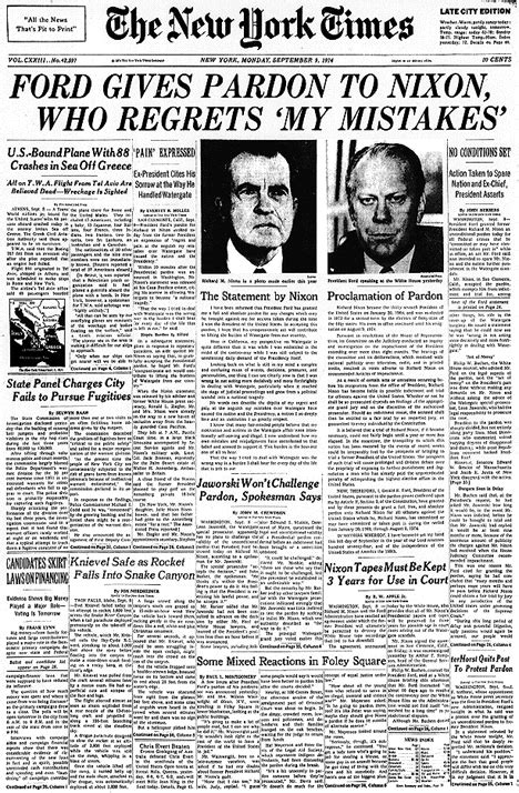 Ford Gives Pardon To Nixon Who Regrets My Mistakes