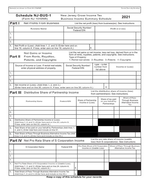 Form Nj 1040nr Schedule Nj Bus 1 2021 Fill Out Sign Online And
