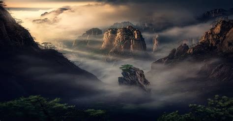 Yellow Mountains In Huangshan At Sunset China By Maxrivephotography