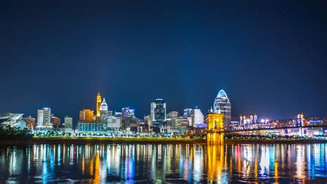 Cincinnati Skyline At Night With Lights In Ohio Image Free Stock