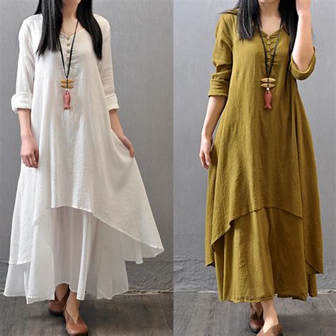 Spring Summer Women Long Cotton Linen Dress White Plus Size False Two