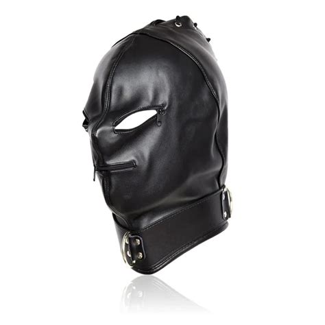 Fetish Pu Leather Sexy Mask Bondage Hood With Open Eyes And Mouth Zipper Cosplay Slave Mask Adult