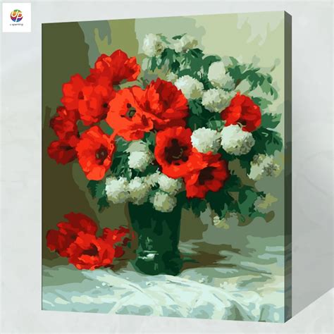Red White Flower Vase Scenery Frameless Digital Painting By Number