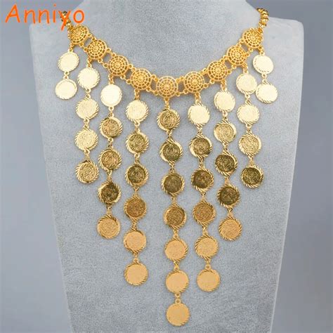 Anniyo 61cm Metal Coin Big Necklaces For Womenarab Coins Luxury