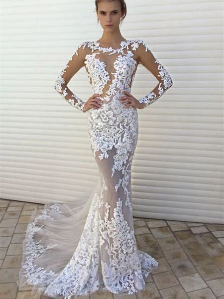 Sexy White Lace Mermaid See Through Long Sleeves Wedding Dress Prom Dr