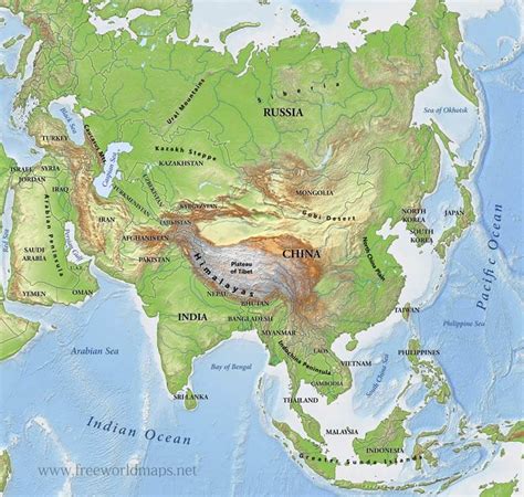 Large Detailed Physical Map Of Asia With Relief Asia