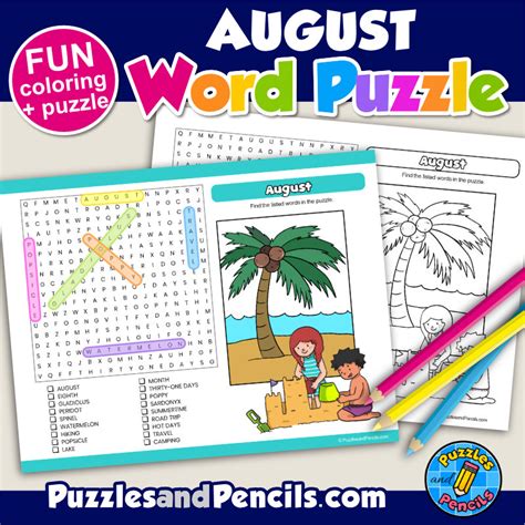 August Word Search Puzzle Activity Page And Coloring August