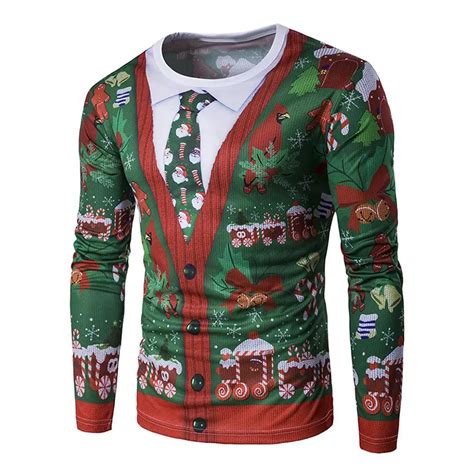 Mens Christmas Tree Tie Print False Two Pieces Long Sleeve O Neck T Shirt Tee Top In T Shirts