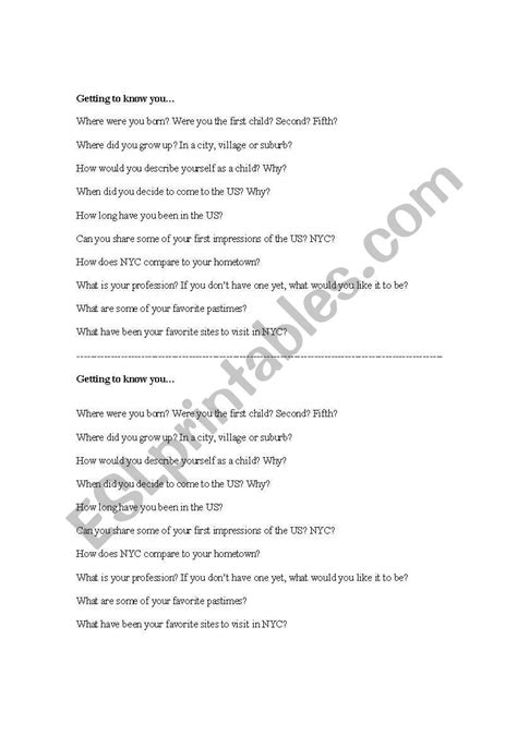 English Worksheets Getting To Know You Discussion Questions