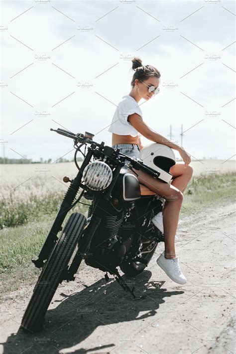 Biker Girl Sitting On Motorcycle High Quality Transportation Stock
