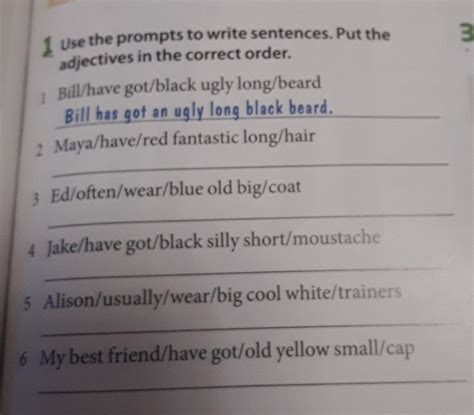 use the prompts to write sentences put the adjectives in the correct