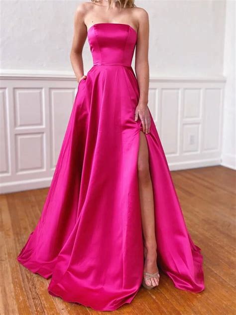 Strapless Hot Pink Satin Prom Dresses Strapless Hot Pink Long Formal Evening Dresses Satin
