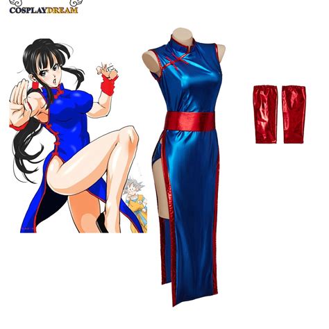 ☢♦2023 Chichi Cosplay Anime Costume Son Goku Halloween Cosplay Chichi Sexy Blue Cheongsam Set