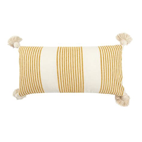 Cream Cotton And Chenille Pillow With Vertical Mustard Stripes Tassels