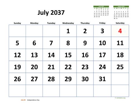 July 2037 Calendar With Extra Large Dates