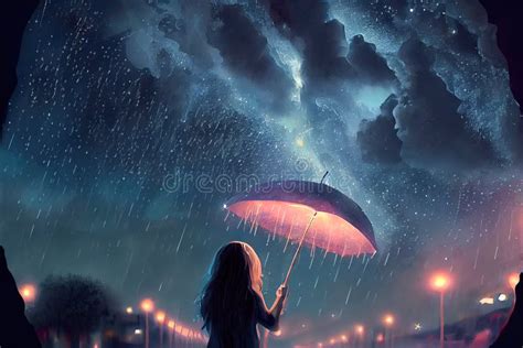 Anime Girl With Umbrella In The Rain Generative Ai Stock Illustration