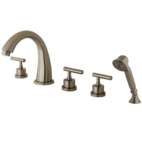 Juno bathtub faucet with handheld shower diverter triple handle waterfall roman tub faucet. Kingston Brass Triple Handle Deck Mounted Roman Tub Faucet ...