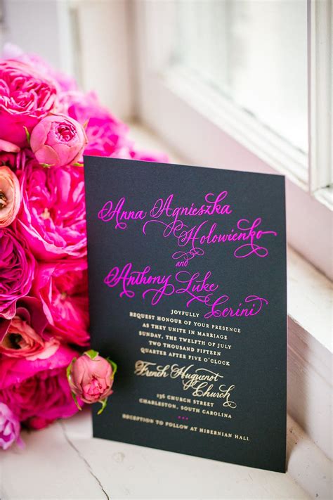 Hot Pink And Black Wedding Invitation With Gold Foil Letterpress