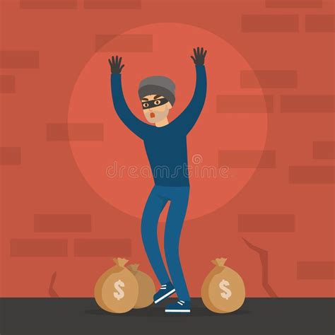 Male Thief Standing With His Hands Raised Masked Burglar Stole Money