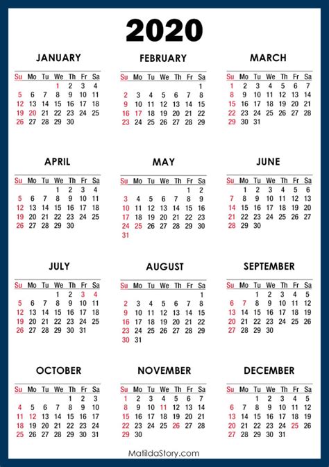 2020 Calendar With Holidays Printable Free Blue Sunday Start