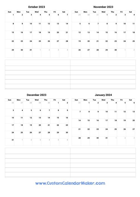 October 2023 To January 2024 Printable Calendar