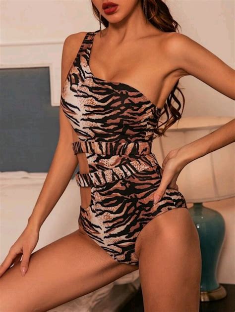 Tiger Striped Cut Out One Piece Swimsuit Women S Store