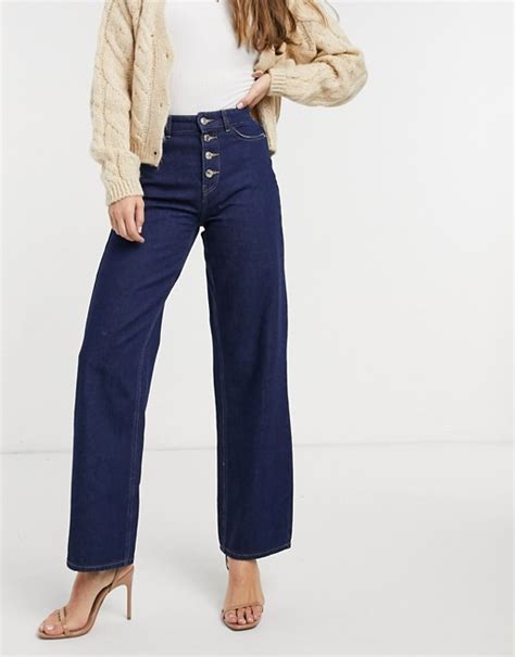 Only Molly High Waisted Button Detail Wide Leg Jeans In Dark Blue Asos