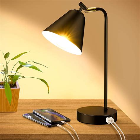 Industrial Dimmable Desk Lamp With 2 Usb Charging Ports Ac Outlet