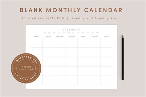 Blank Monthly Calendar Landscape Template Printable Calendar Etsy India