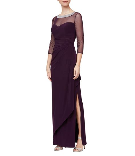 Alex Evenings Illusion Mesh Sleeve Round Neck Side Slit Ruched Gown